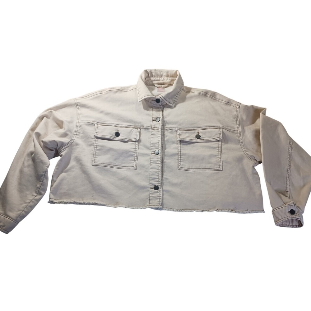 No Boundaries Cropped Shacket‎ Women's 3X Raw Hem Denim Jacket Beige Button